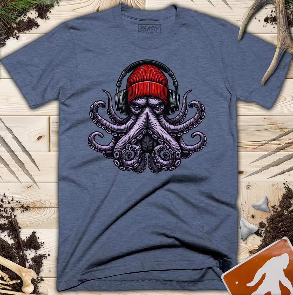 Red Beanie Octopus Headphones T-Shirt