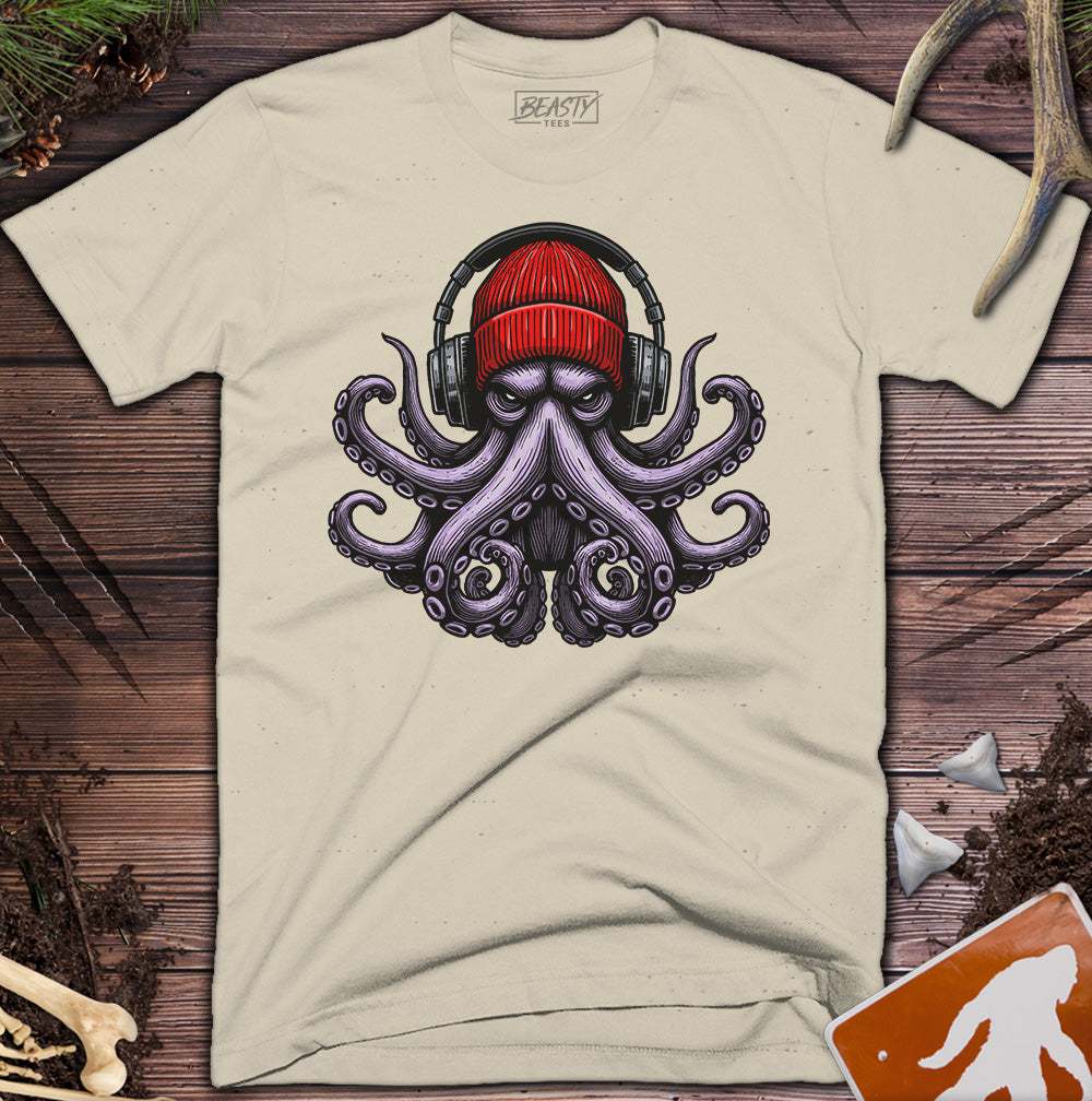 Red Beanie Octopus Headphones T-Shirt