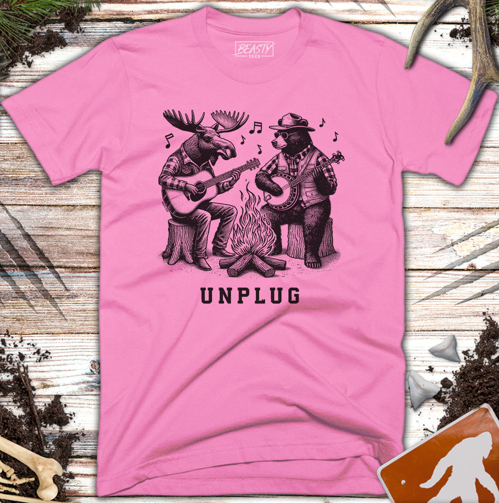 Unplug Campfire Bear Moose Playing Guitars T-Shirt