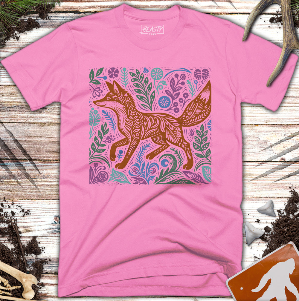 Botanical Floral Woodcut Fox T-Shirt