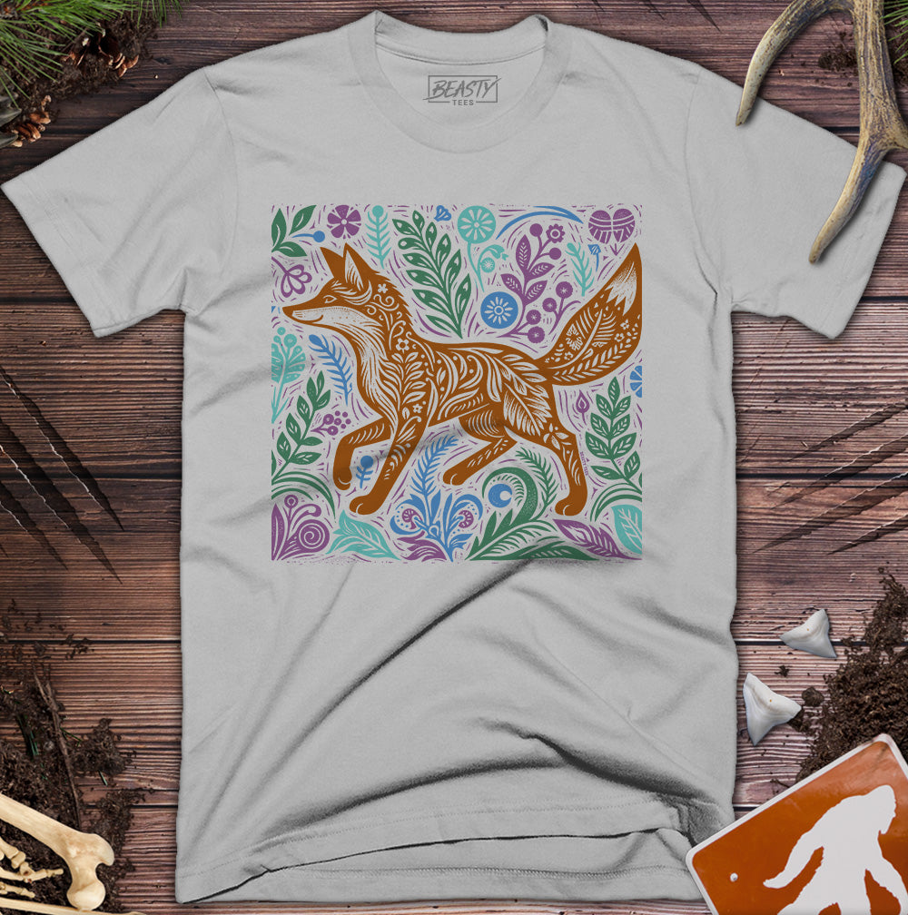 Botanical Floral Woodcut Fox T-Shirt