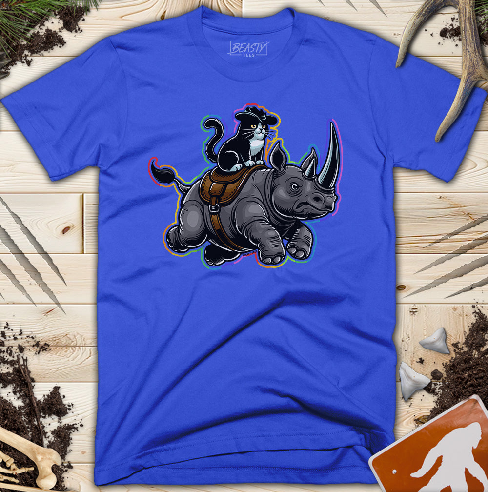 Rainbow Cat Riding A Rhino T-Shirt