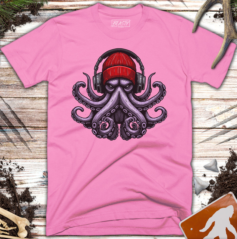 Red Beanie Octopus Headphones T-Shirt