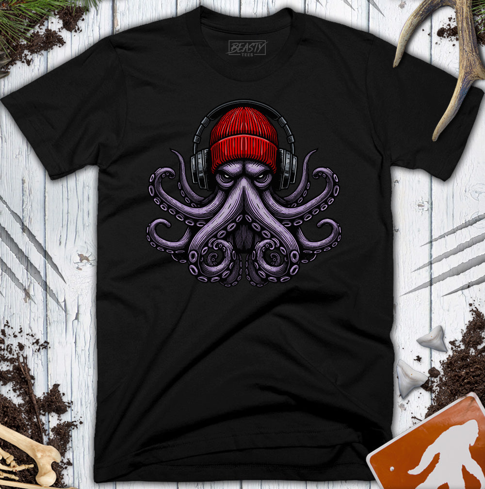 Red Beanie Octopus Headphones T-Shirt
