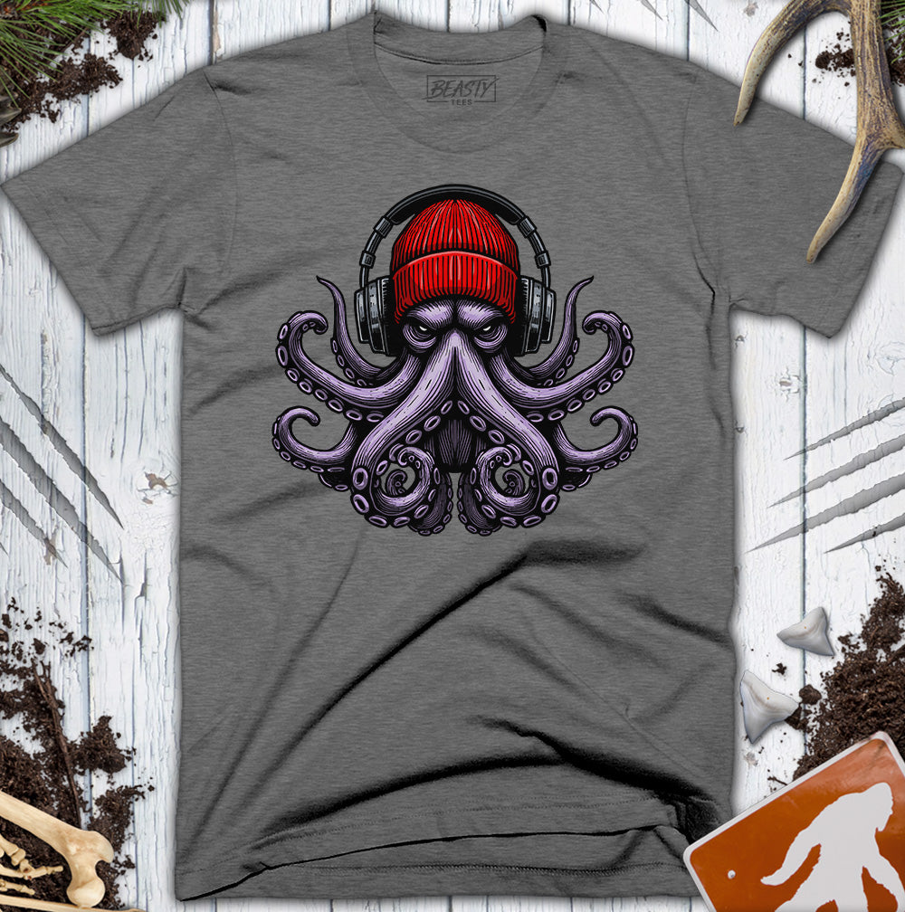 Red Beanie Octopus Headphones T-Shirt