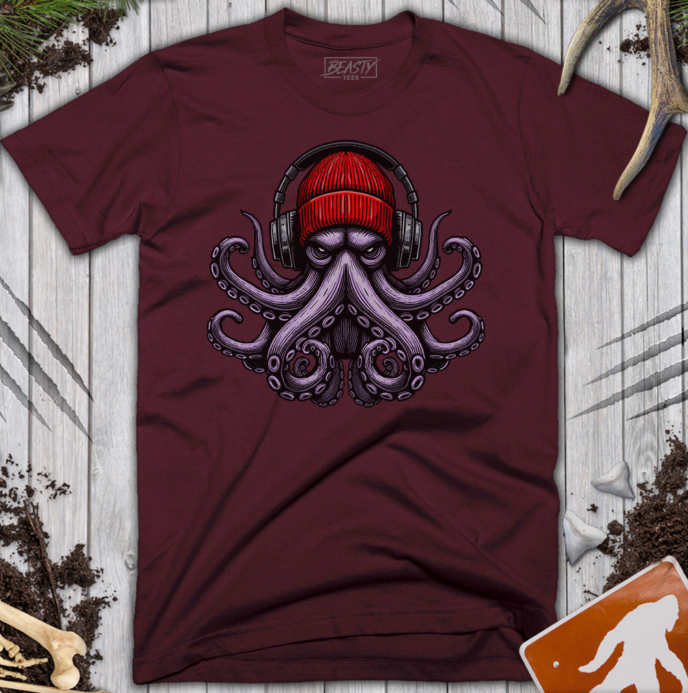 Red Beanie Octopus Headphones T-Shirt