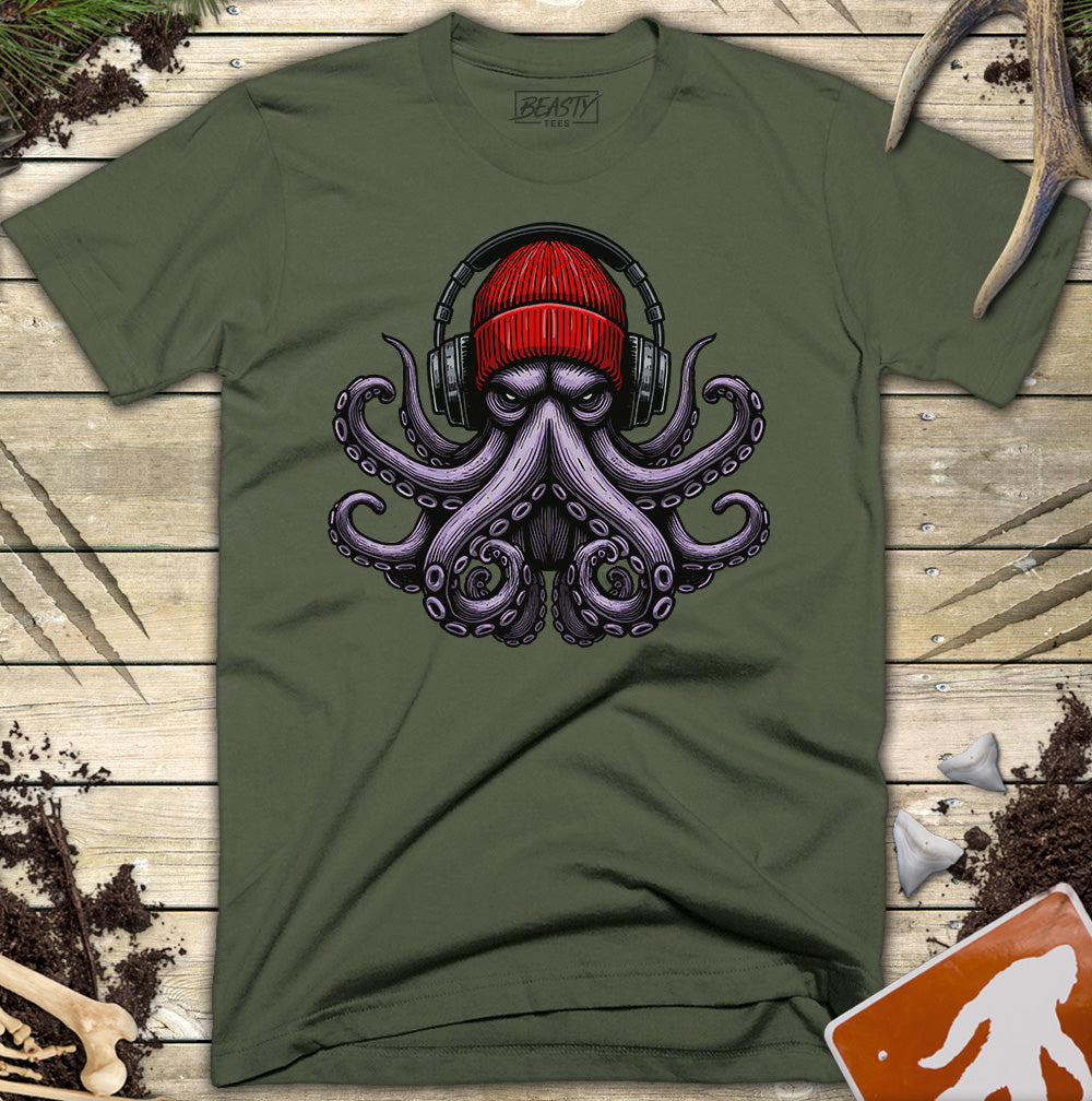 Red Beanie Octopus Headphones T-Shirt