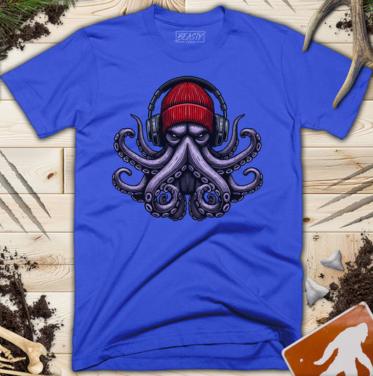 Red Beanie Octopus Headphones T-Shirt
