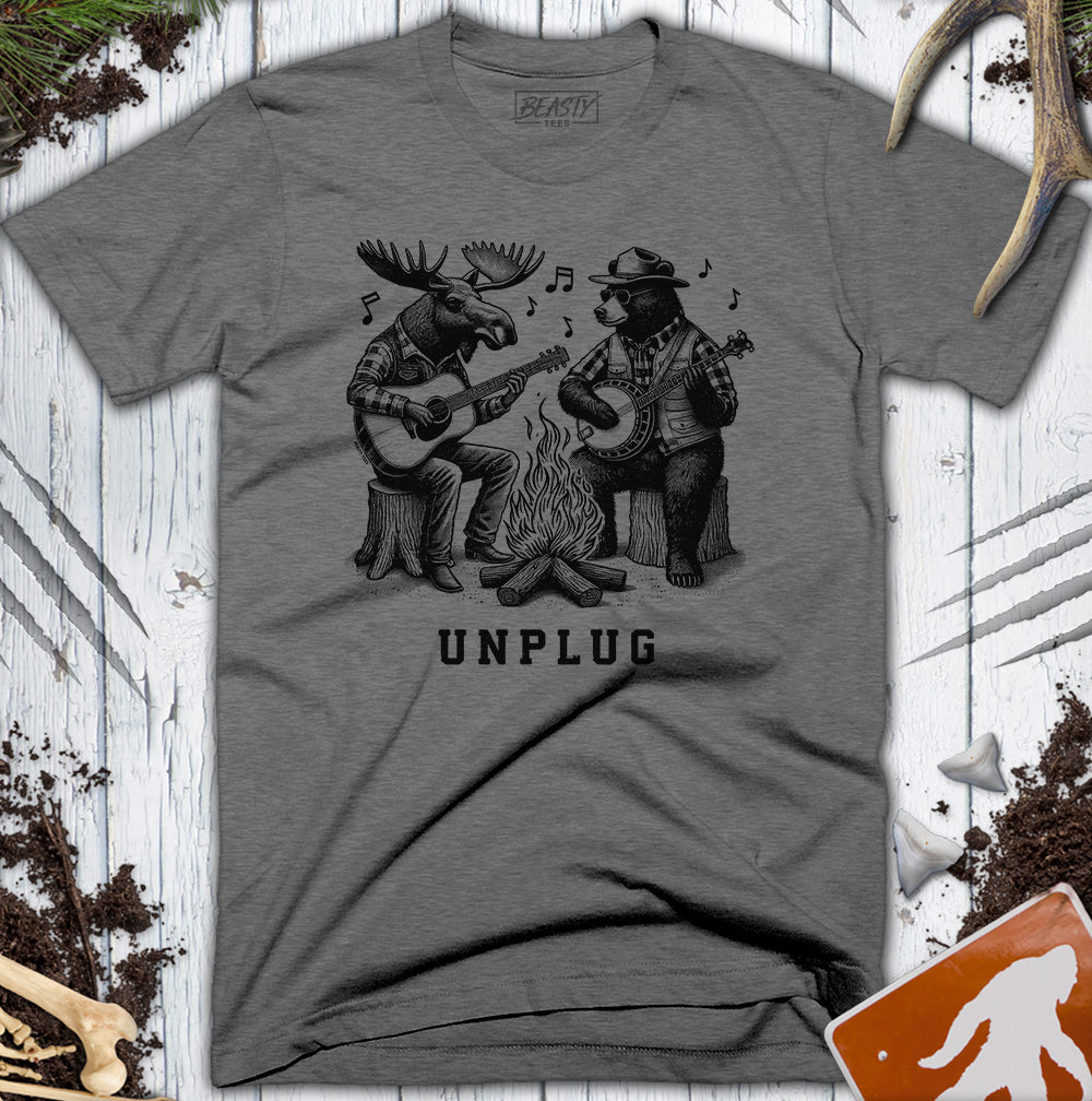 Unplug Campfire Bear Moose Playing Guitars T-Shirt
