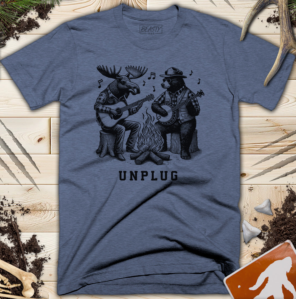 Unplug Campfire Bear Moose Playing Guitars T-Shirt