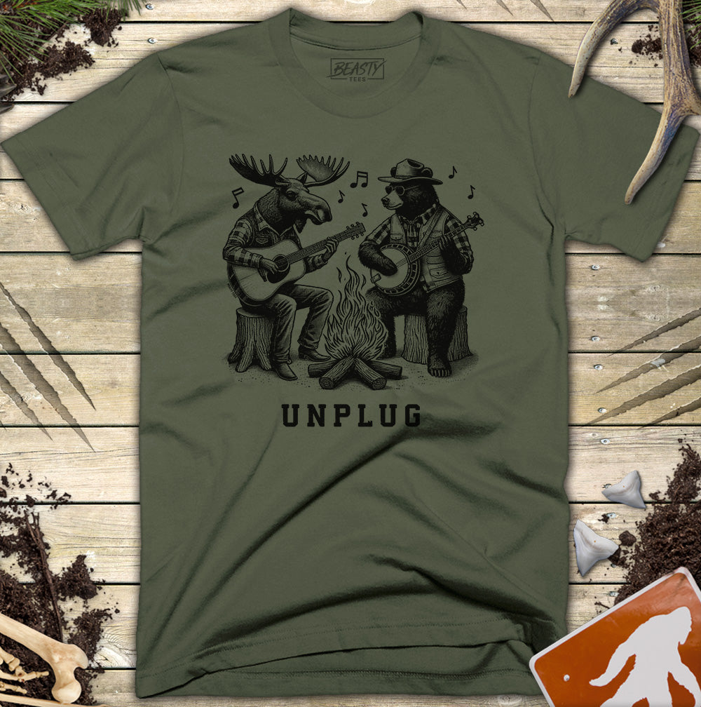 Unplug Campfire Bear Moose Playing Guitars T-Shirt