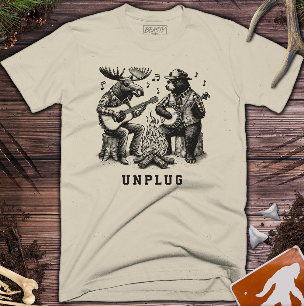 Unplug Campfire Bear Moose Playing Guitars T-Shirt