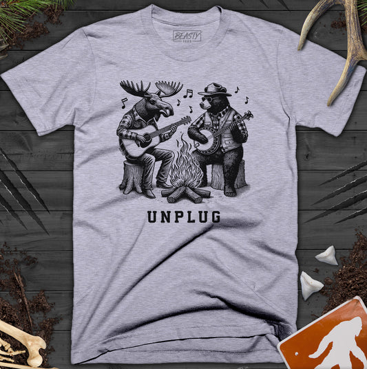 Unplug Campfire Bear Moose Playing Guitars T-Shirt