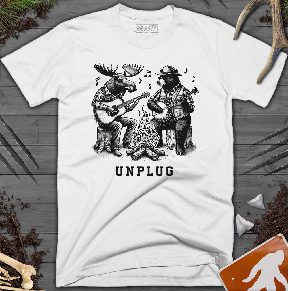 Unplug Campfire Bear Moose Playing Guitars T-Shirt