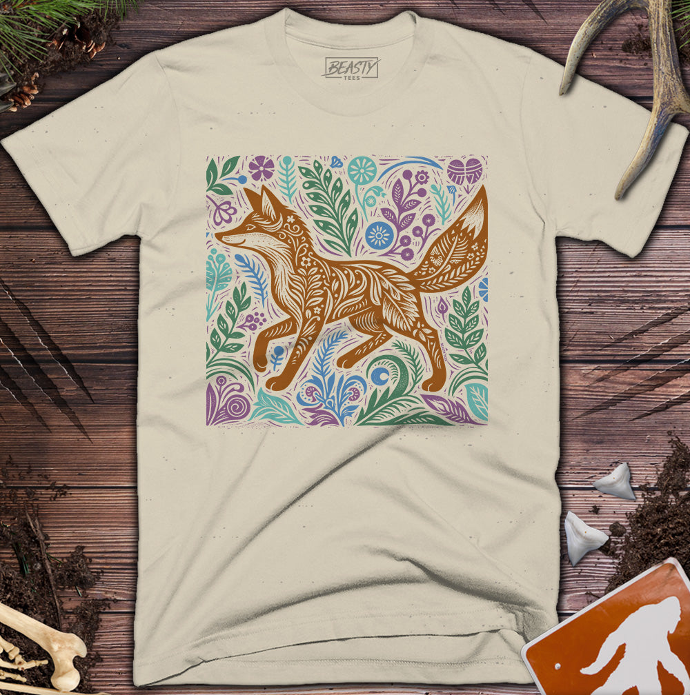Botanical Floral Woodcut Fox T-Shirt