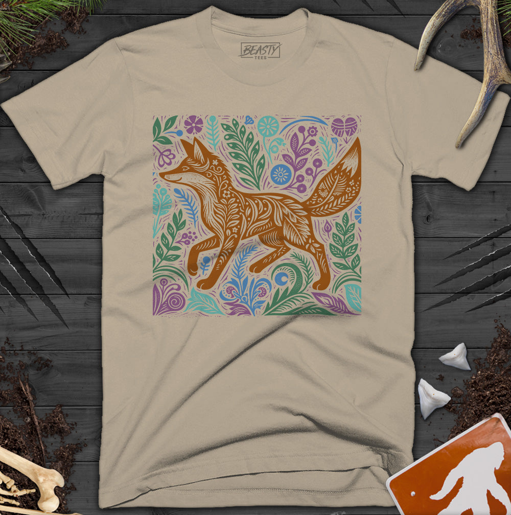 Botanical Floral Woodcut Fox T-Shirt
