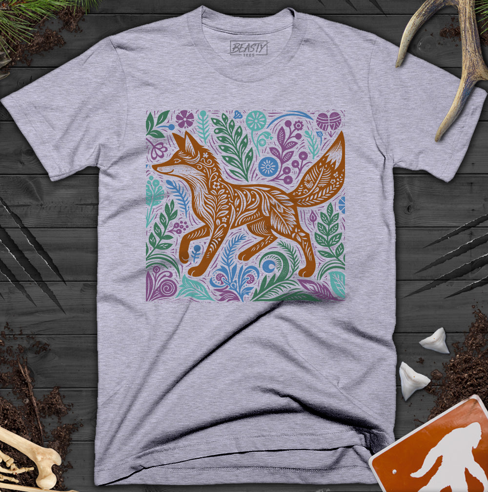 Botanical Floral Woodcut Fox T-Shirt