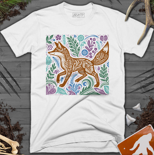 Botanical Floral Woodcut Fox T-Shirt