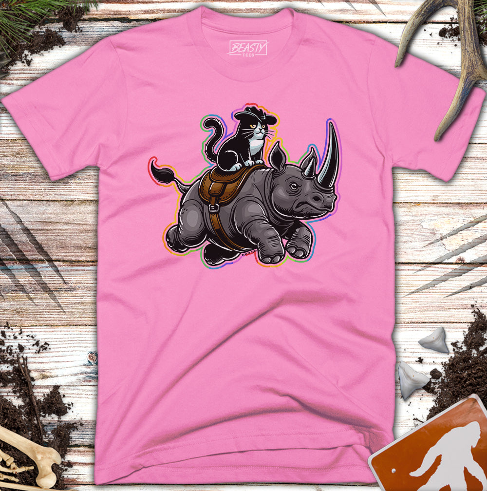Rainbow Cat Riding A Rhino T-Shirt