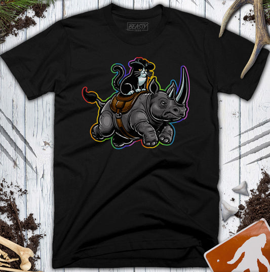 Rainbow Cat Riding A Rhino T-Shirt