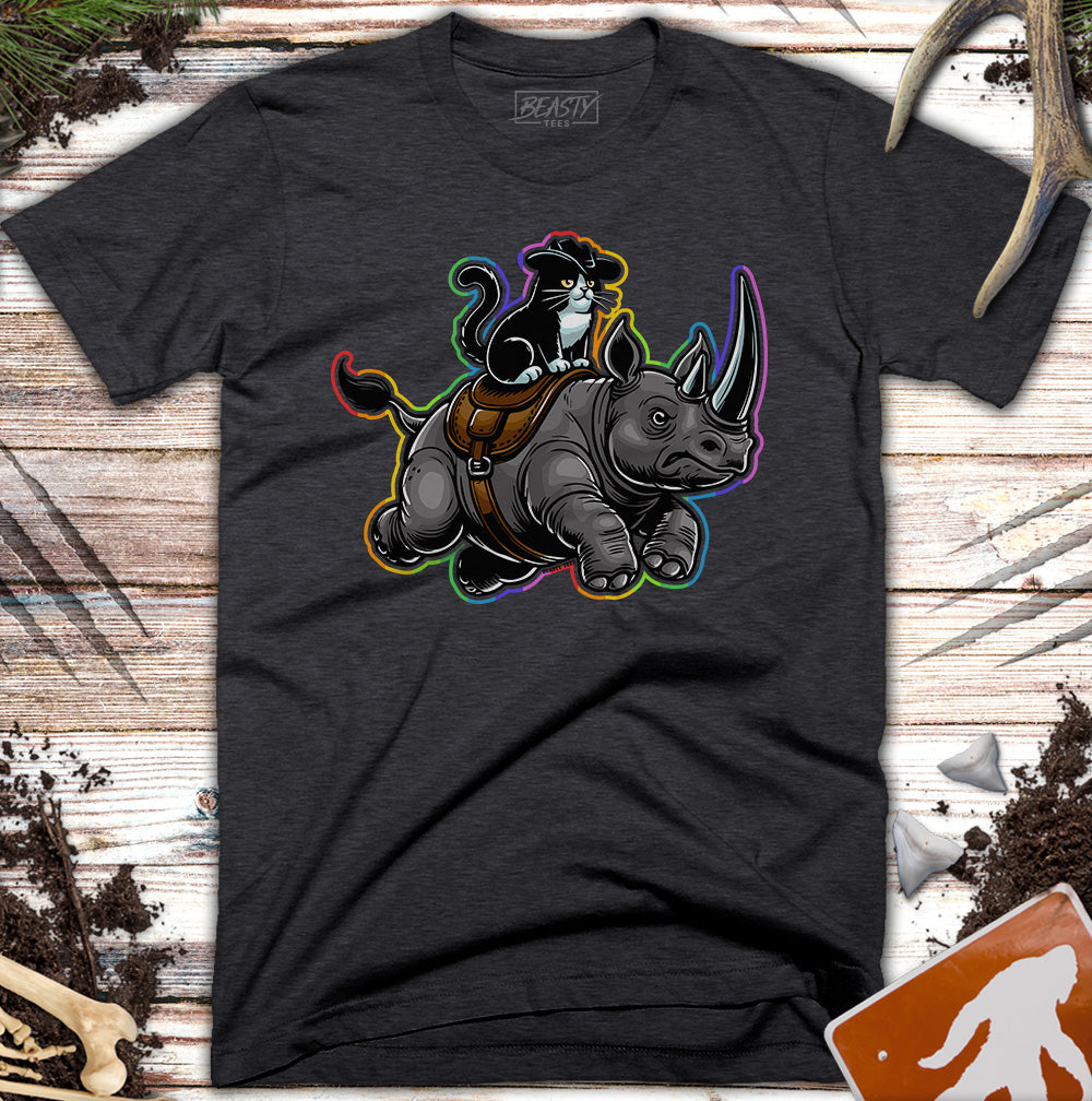 Rainbow Cat Riding A Rhino T-Shirt