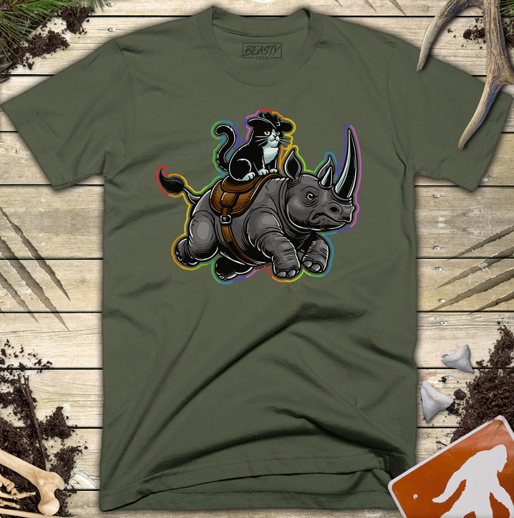 Rainbow Cat Riding A Rhino T-Shirt