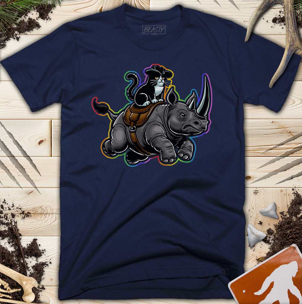 Rainbow Cat Riding A Rhino T-Shirt