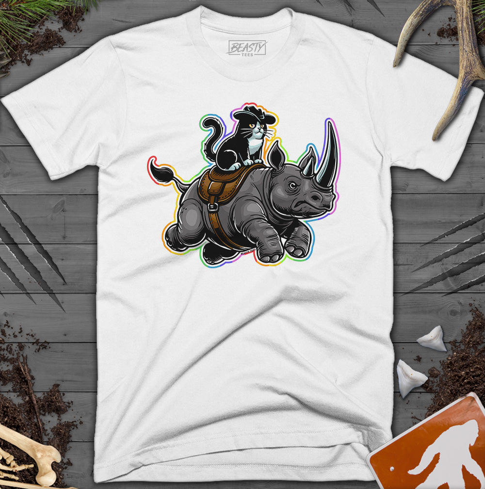 Rainbow Cat Riding A Rhino T-Shirt